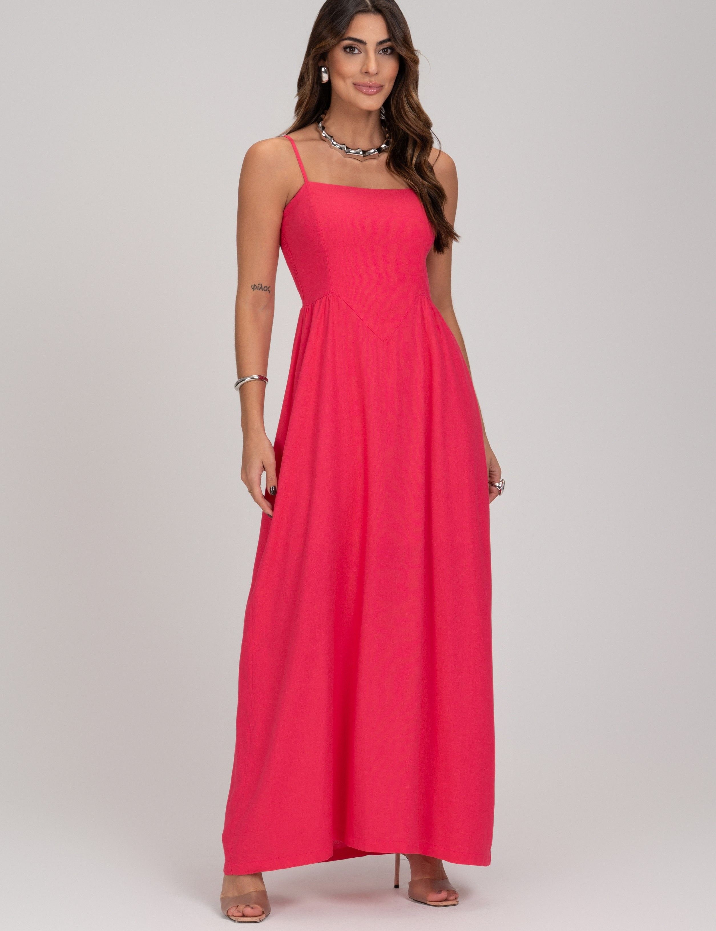 Vestido Midi Linho Hot Pink Saia Evase Frysaide