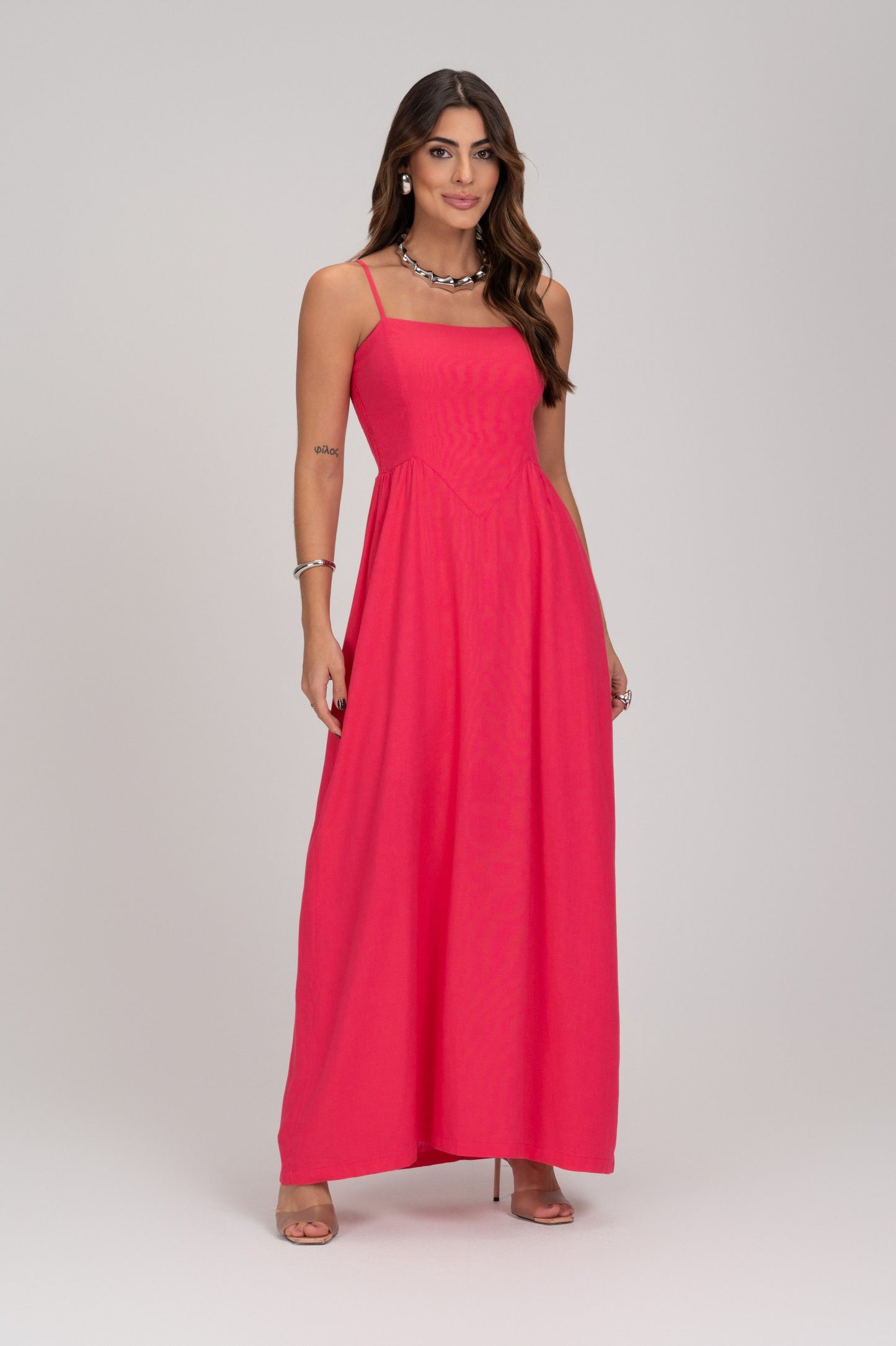 Vestido Midi Linho Hot Pink Saia Evase Frysaide