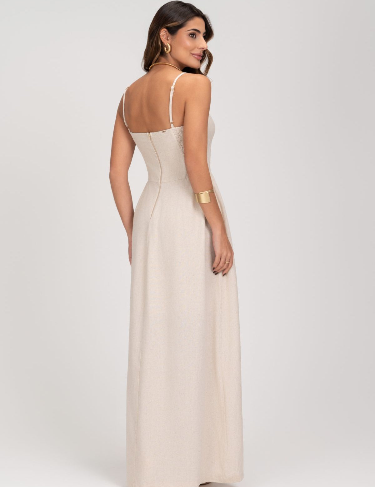 Vestido Midi Linho Natural Saia Evase Frysaide