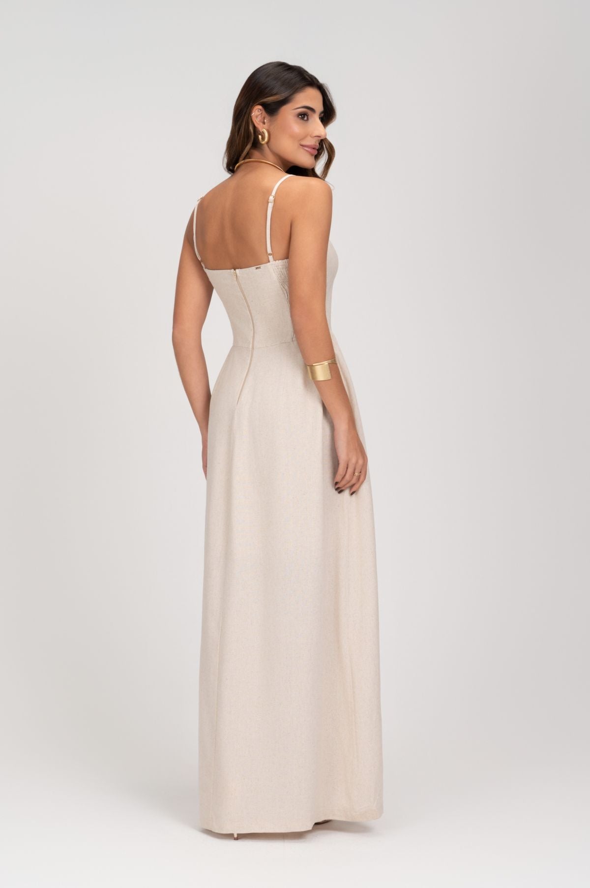 Vestido Midi Linho Natural Saia Evase Frysaide