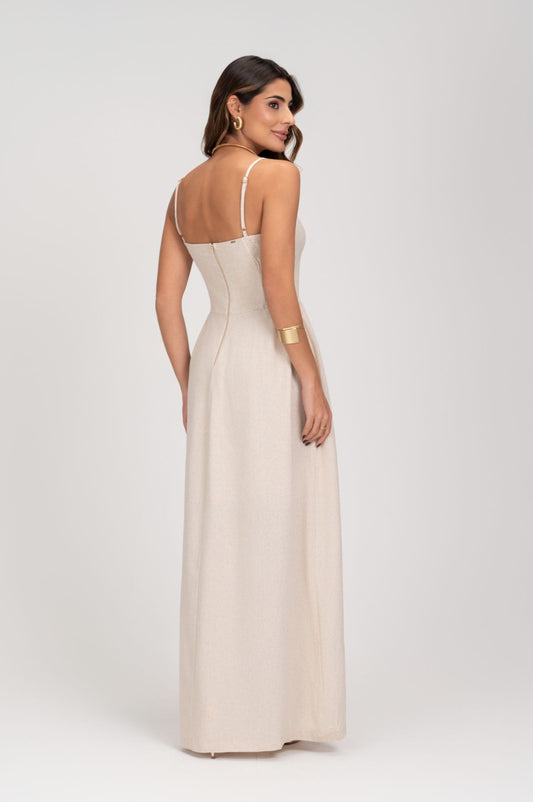 Vestido Midi Linho Natural Saia Evase Frysaide