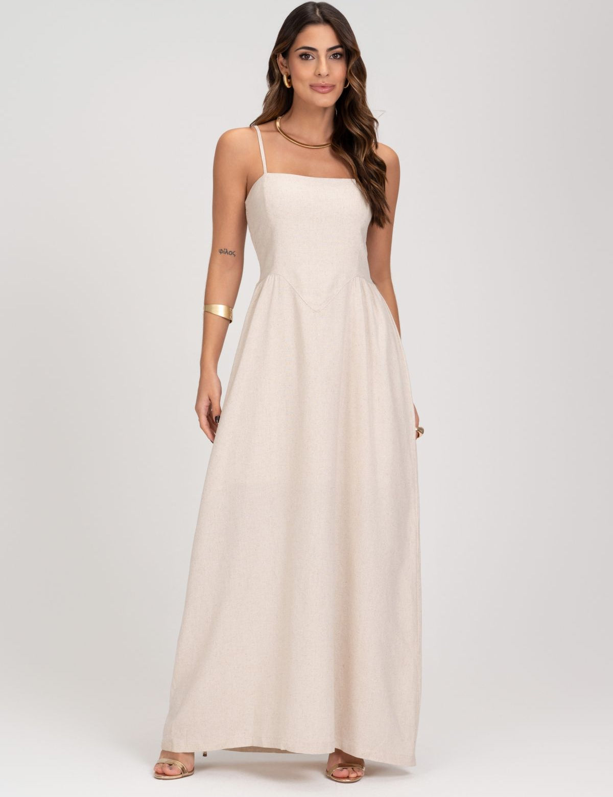 Vestido Midi Linho Natural Saia Evase Frysaide