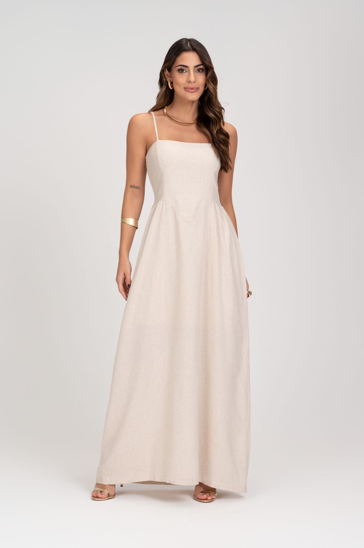 Vestido Midi Linho Natural Saia Evase Frysaide