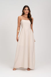 Vestido Midi Linho Natural Saia Evase Frysaide