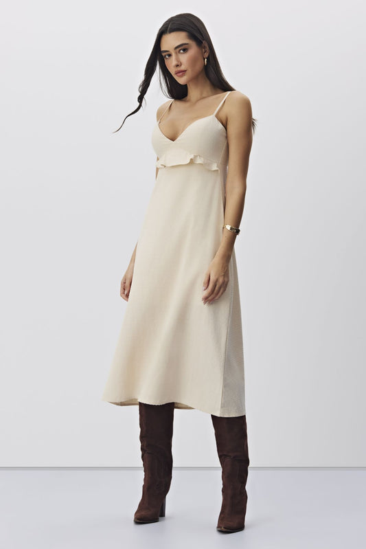 Vestido Midi MEIA LOKA Bege Babado E Alças Finas
