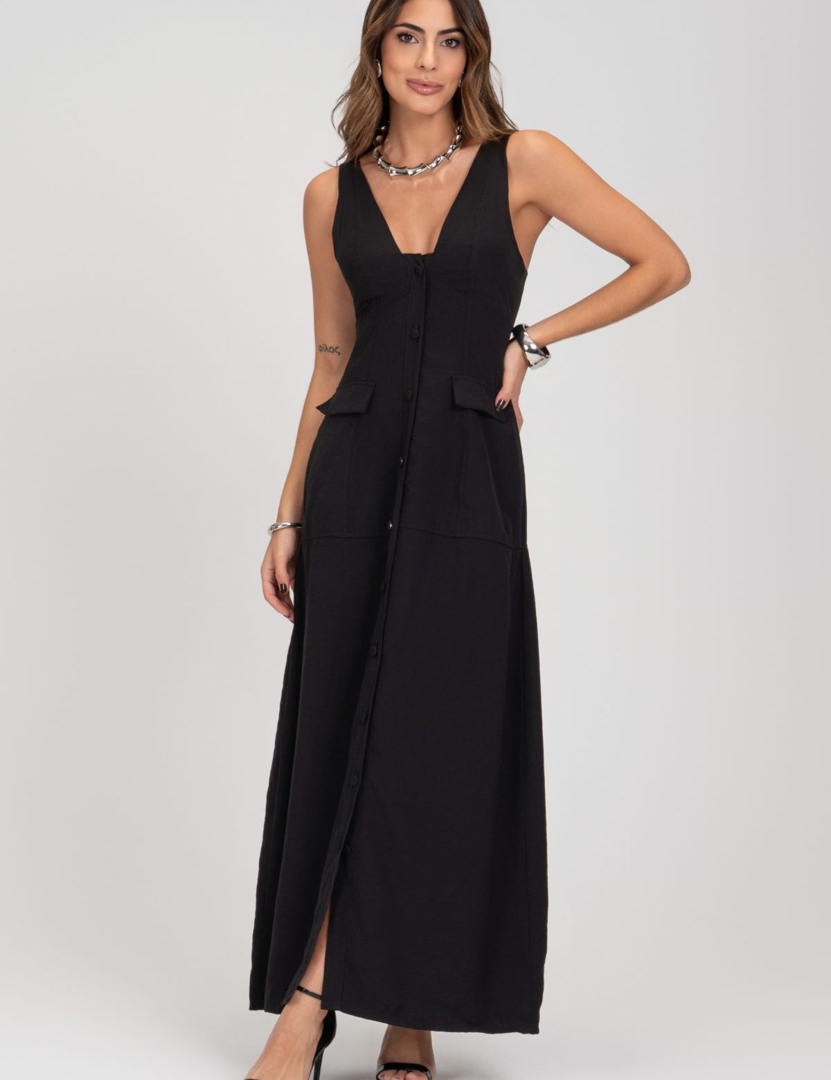 Vestido Midi Preto Linho Alfaiataria Frysaide