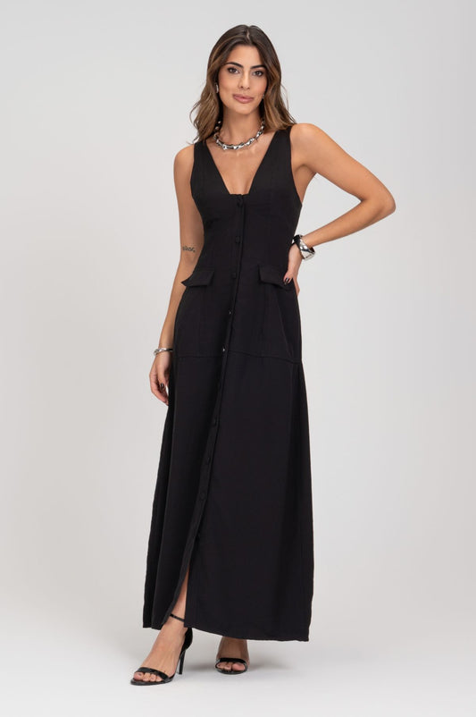 Vestido Midi Preto Linho Alfaiataria Frysaide