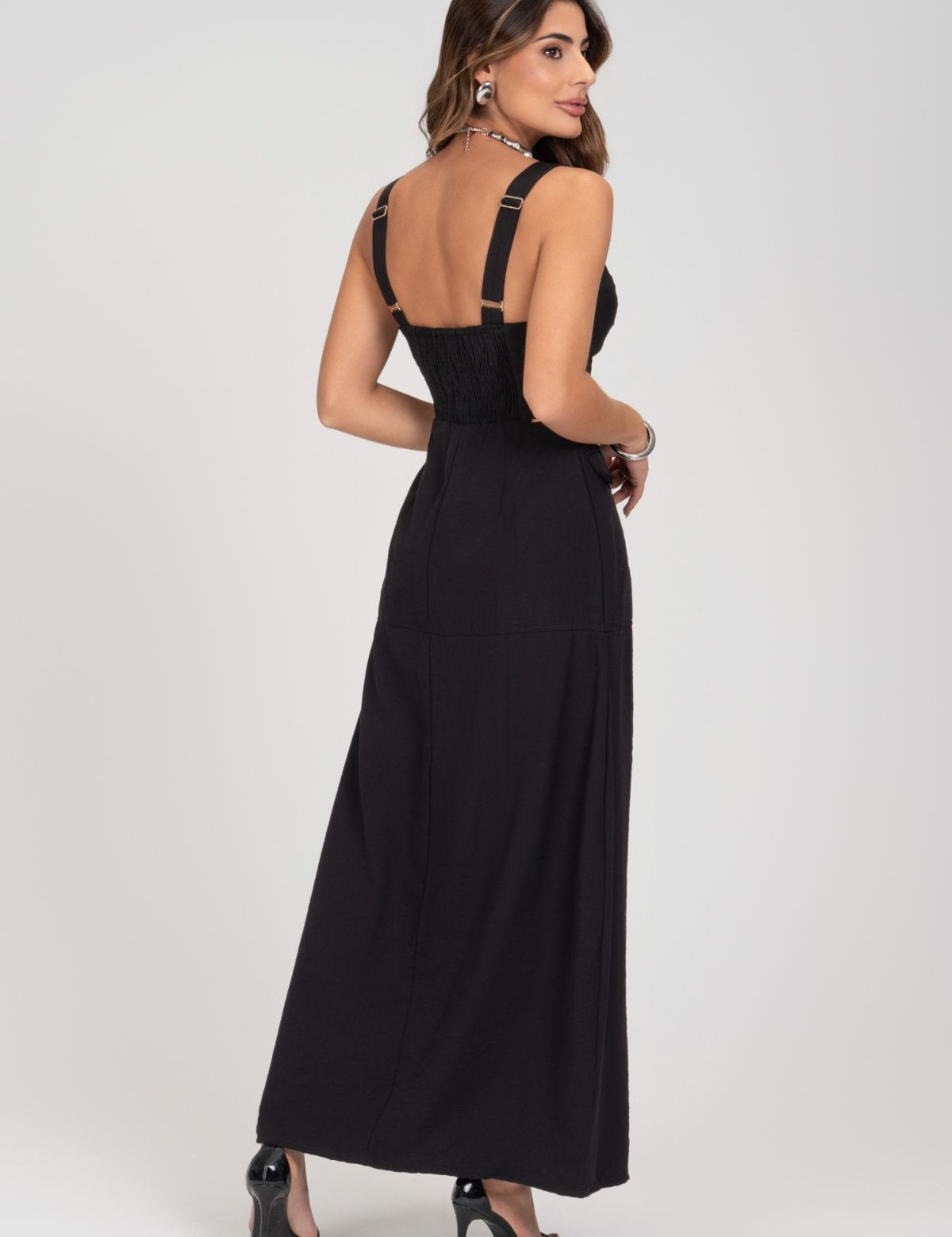 Vestido Midi Preto Linho Alfaiataria Frysaide