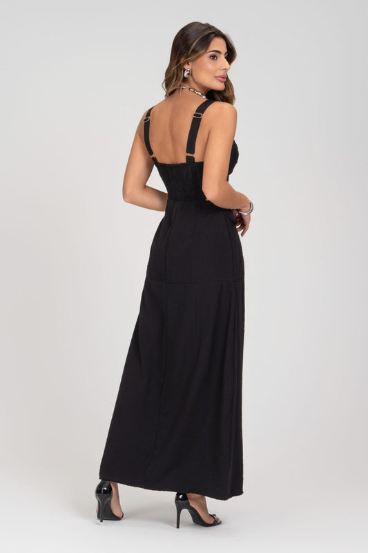 Vestido Midi Preto Linho Alfaiataria Frysaide