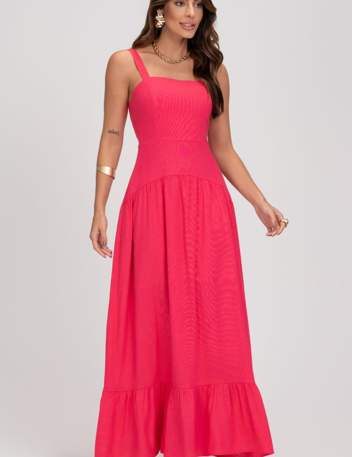 Vestido Rosa Super Midi De Linho Com Recortes Frysaide