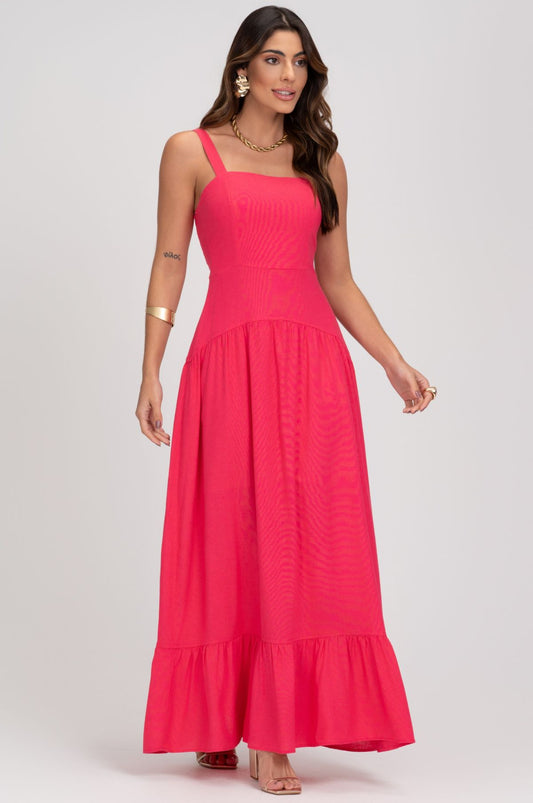 Vestido Rosa Super Midi De Linho Com Recortes Frysaide