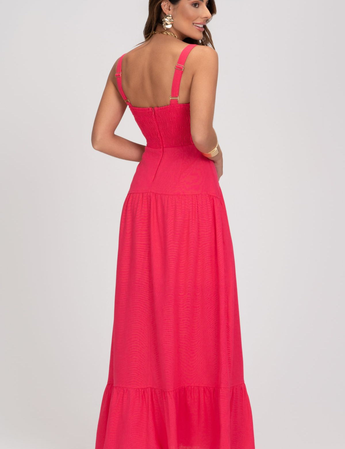 Vestido Rosa Super Midi De Linho Com Recortes Frysaide