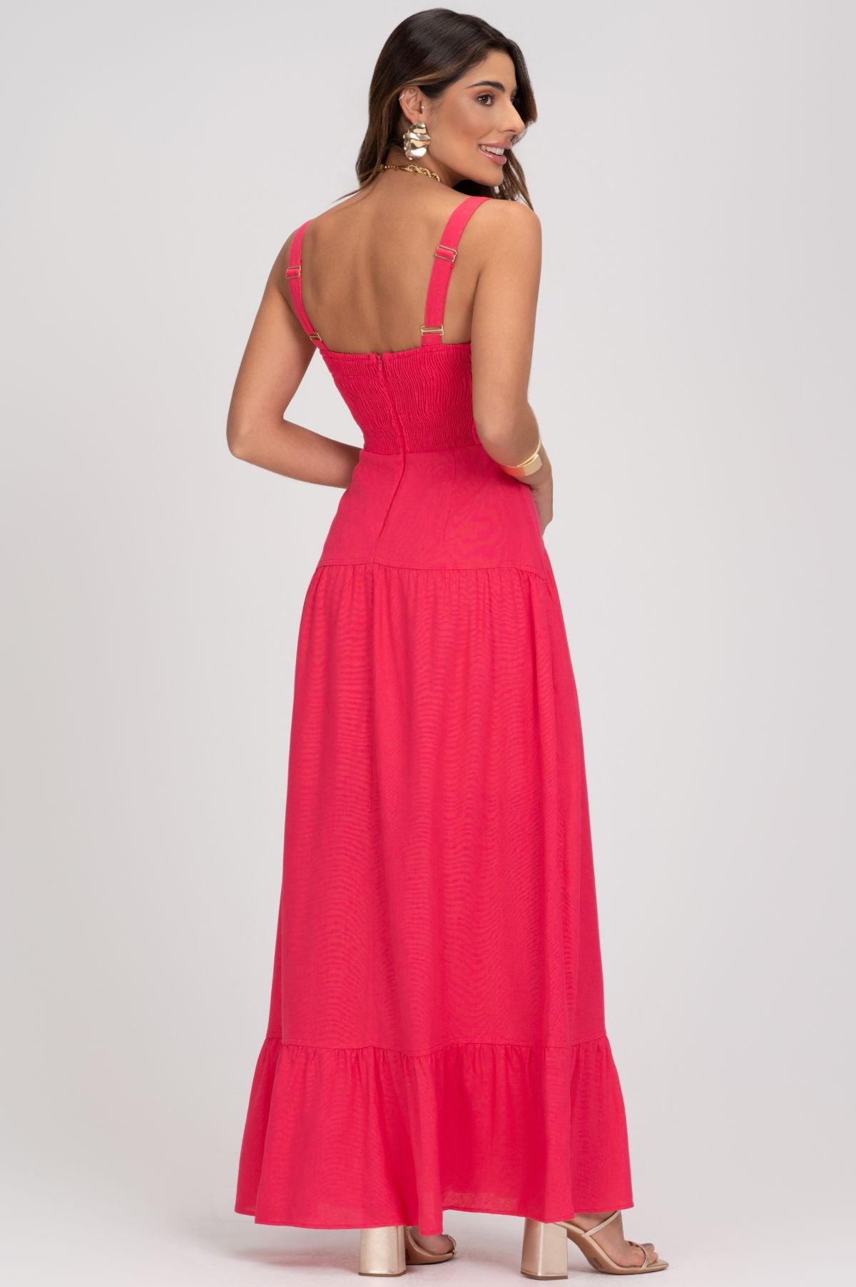 Vestido Rosa Super Midi De Linho Com Recortes Frysaide