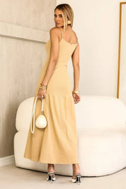 Vestido Super Midi Canelado Com Franzido Bege Frysaide