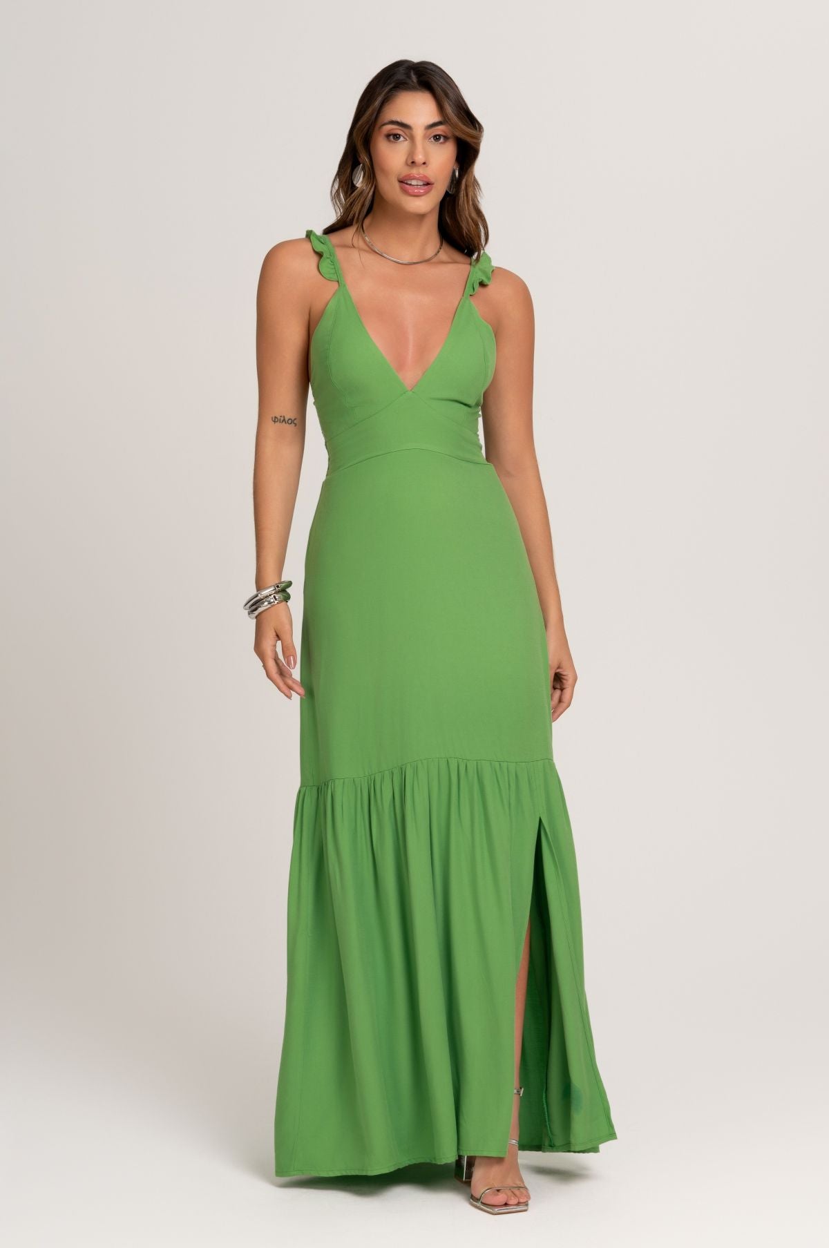 Vestido Super Midi Rute De Viscose Verde Frysaide 