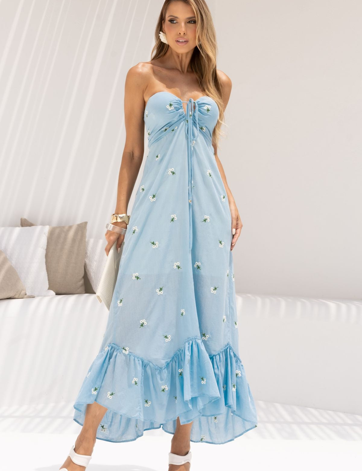 Vestido Suprer Midi Sara Com Babados Azul Frysaide 