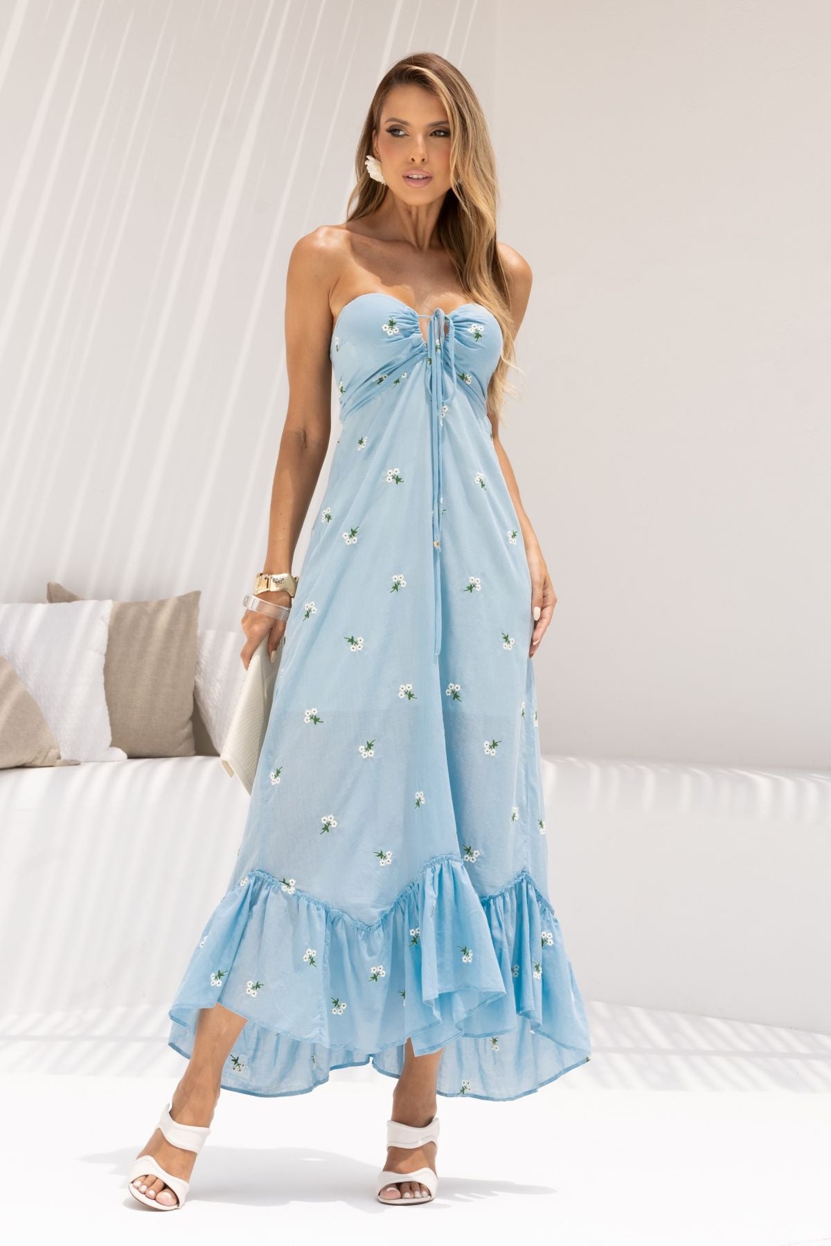 Vestido Suprer Midi Sara Com Babados Azul Frysaide 