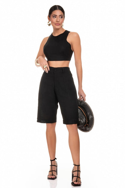 Bermuda De Linho Frysaide Preta Recortes