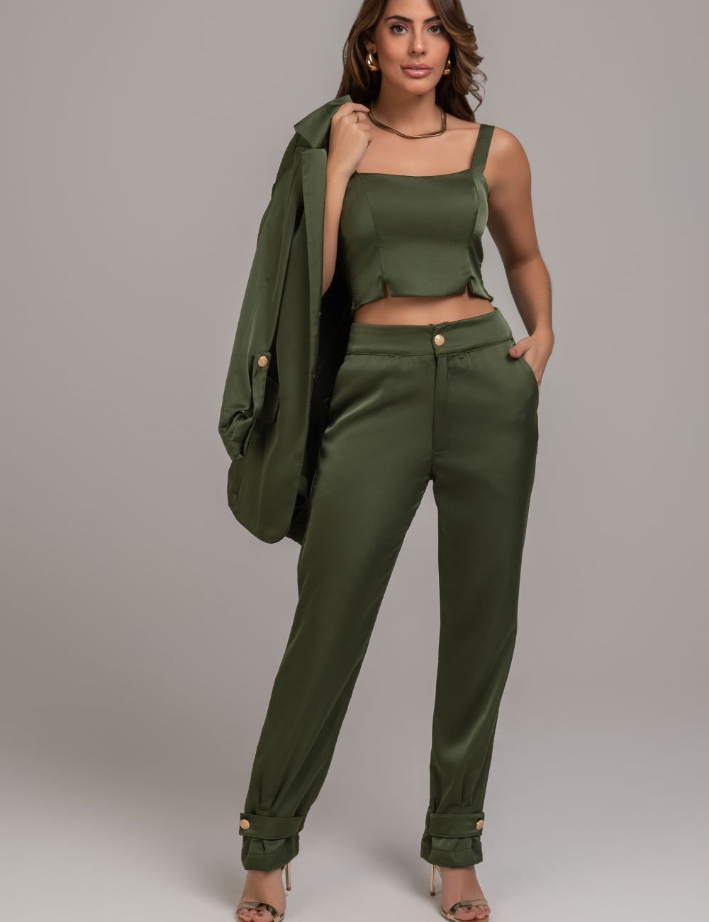Blazer De Alfaiataria Com Acabamento Acetinado Verde Frysaide