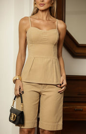 Blusa Bege Peplum Alças Finas Frysaide