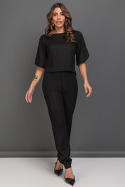 Blusa De Linho Com Abotoamento Nas Mangas Preto Frysaide