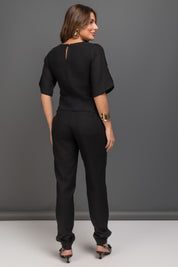 Blusa De Linho Com Abotoamento Nas Mangas Preto Frysaide