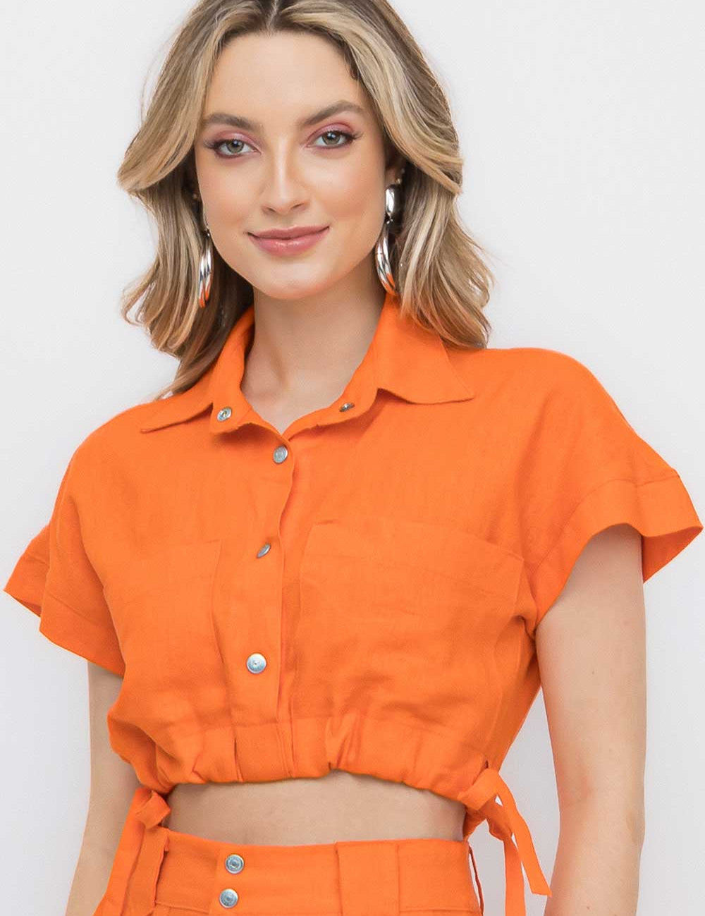 Blusa Linho Laranja Botões Frysaide