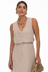 Blusa Linho Natural Decote Pregas Frysaide