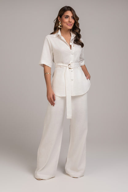 Blusa Linho Off White Frysaide Com Cinto