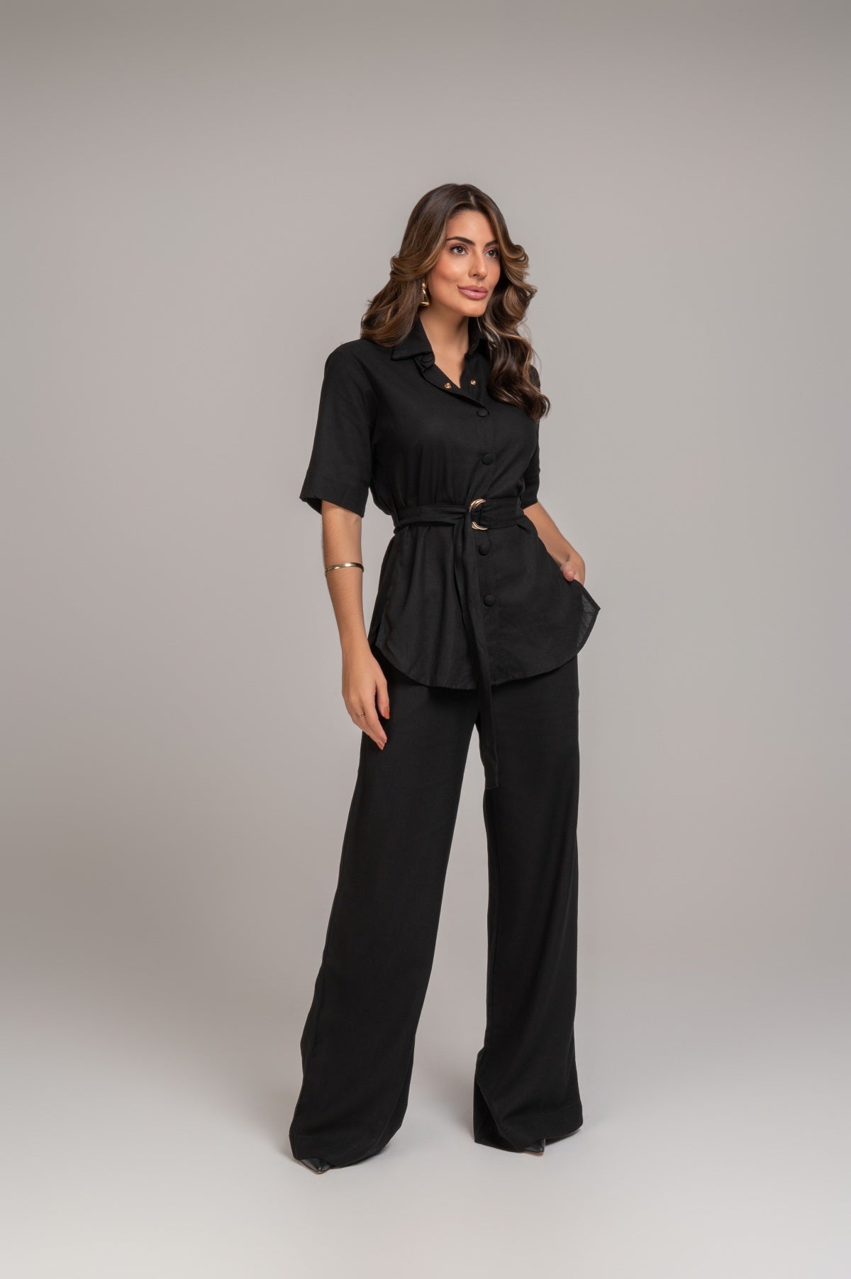 Blusa Linho Preta Frysaide Com Cinto