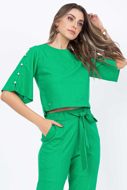Blusa Linho Verde Botões Frysaide