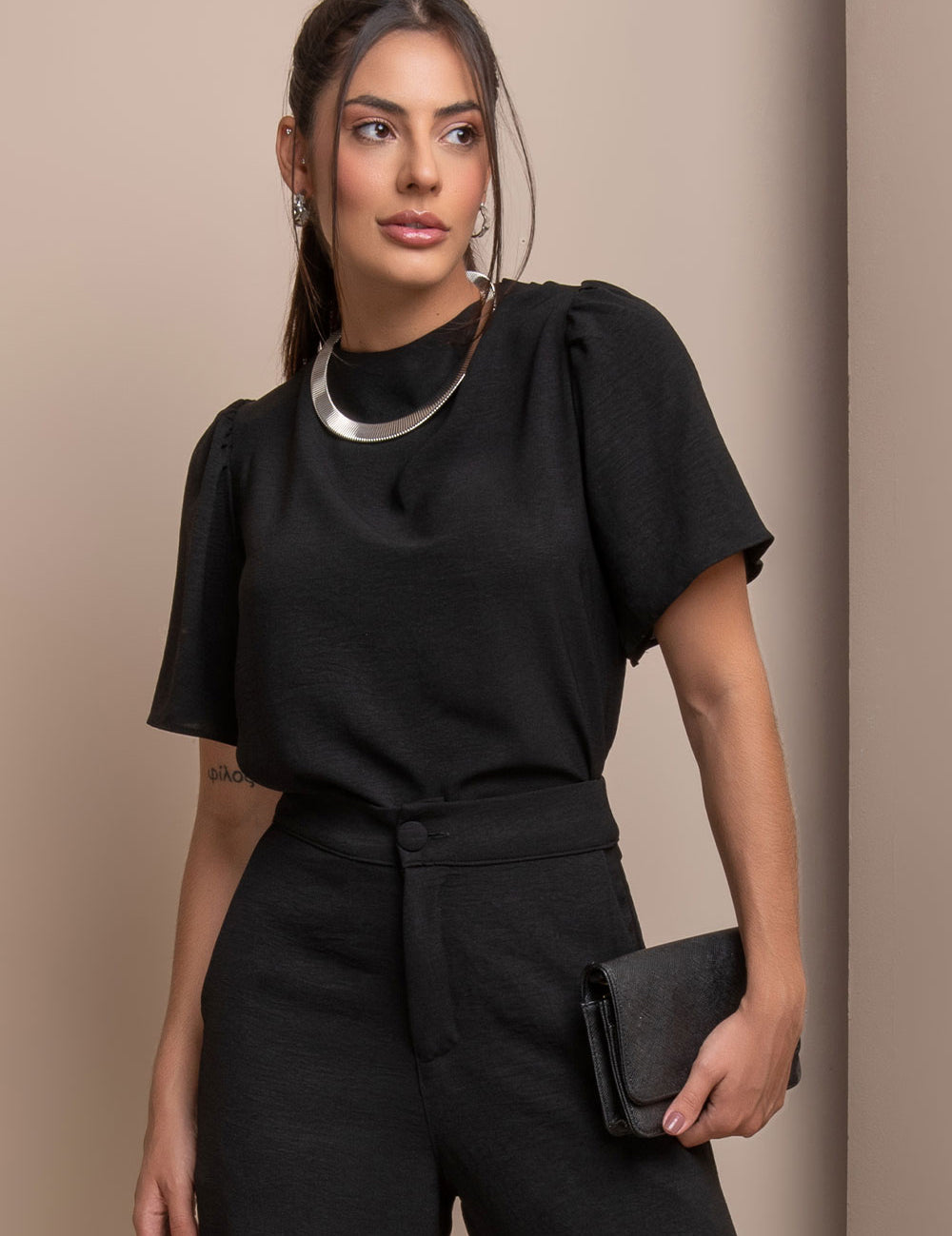 Blusa Preta Casual Franzido Frysaide