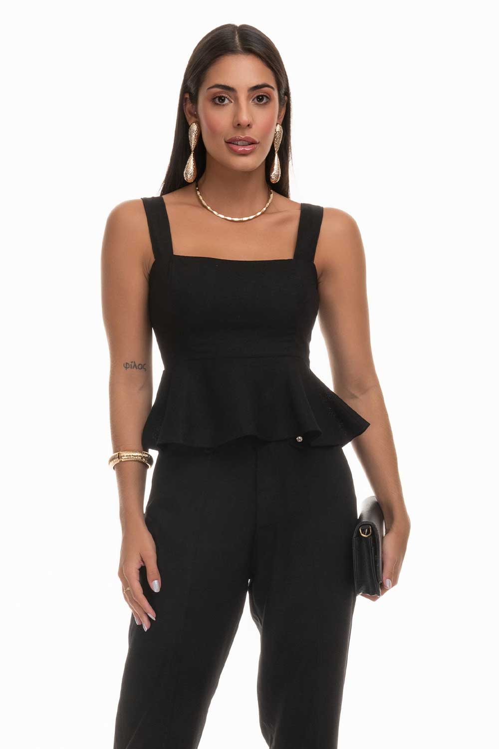 Blusa Preta Linho Babados Frysaide