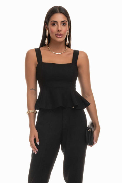 Blusa Preta Linho Babados Frysaide