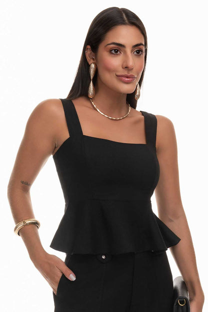 Blusa Preta Linho Babados Frysaide