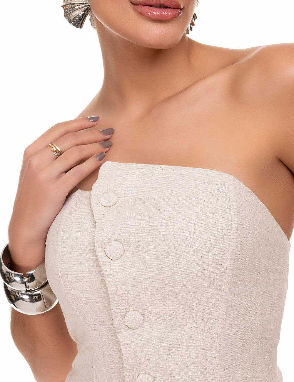 Blusa Sem Alcas De Linho Com Assimetria Natural Frysaide