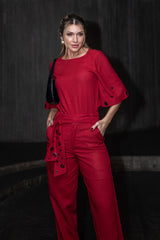 Blusa Vermelha Frysaide Linho Com Ilhós Nas Mangas