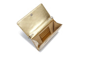 Bolsa Clutch Santa Lolla Dourada Metalizada Alça Corrente Transversal