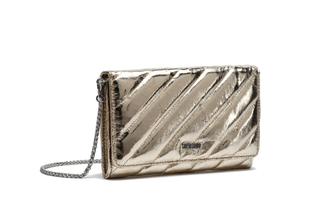 Bolsa Clutch Santa Lolla Dourada Metalizada Alça Corrente Transversal