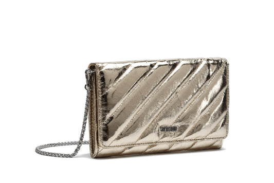Bolsa Clutch Santa Lolla Dourada Metalizada Alça Corrente Transversal