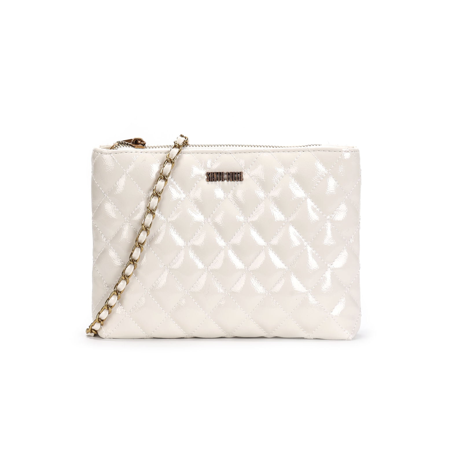 Bolsa Matelassê Santa Lolla Off White Verniz Alça Transversal