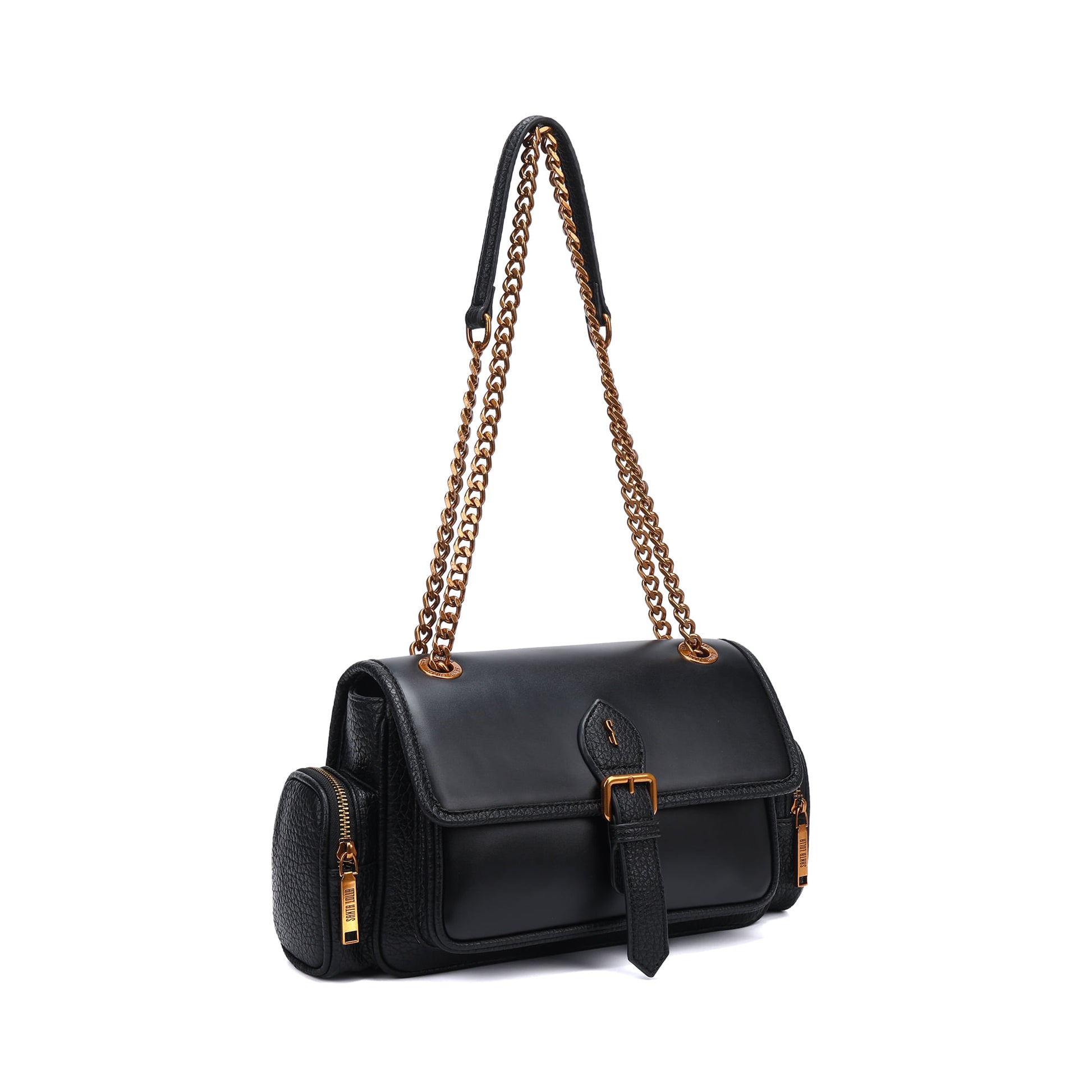 Bolsa Santa Lolla Preta Alça Correntes Dourada