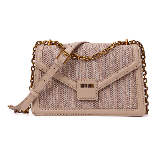 Bolsa Transversal Santa Lolla Bege Palha Alça Corrente