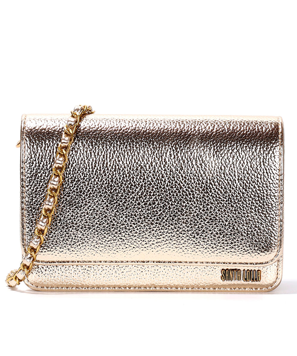 Bolsa Transversal Santa Lolla Dourada Metalizada Correntes