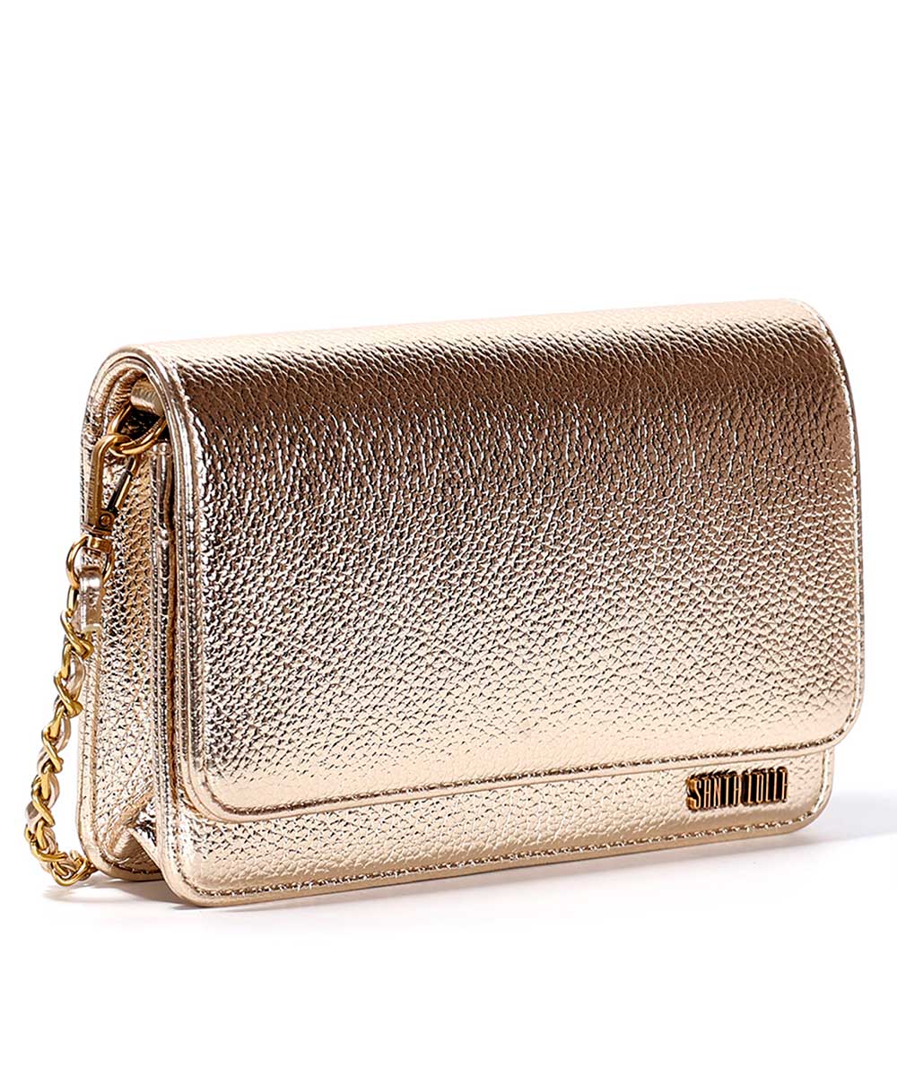 Bolsa Transversal Santa Lolla Dourada Metalizada Correntes