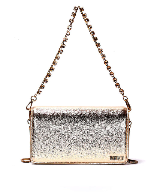 Bolsa Transversal Santa Lolla Dourada Metalizada Correntes