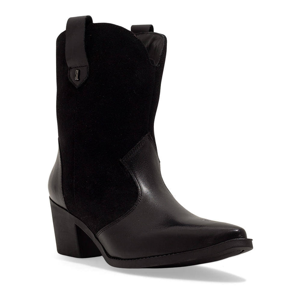 Bota Western Preta Santa Lolla Couro Camurça Salto Bloco
