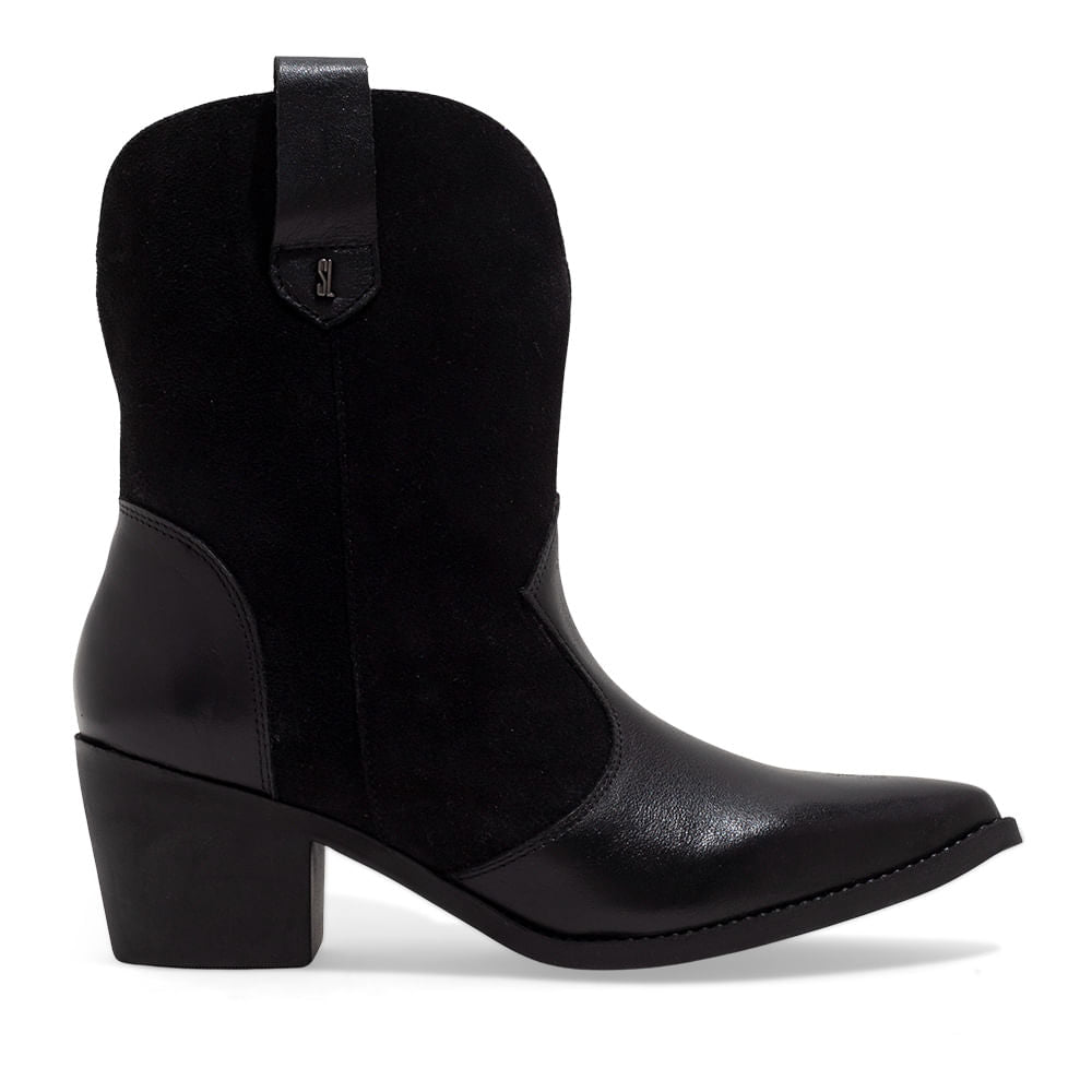 Bota Western Preta Santa Lolla Couro Camurça Salto Bloco