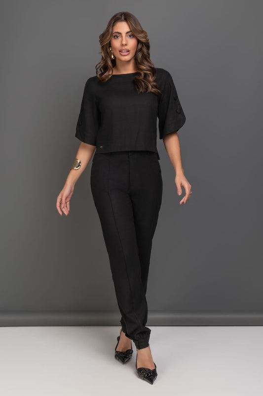 Calça Cenoura De Linho Preto Frysaide