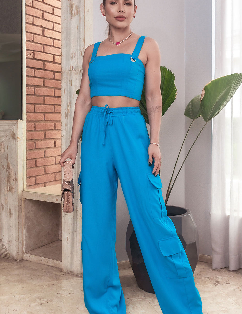 Calça Pantalona Frysaide Azul Linho Cargo